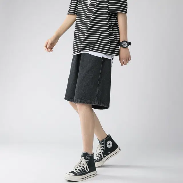 法文箱子 美式复古水洗薄款宽松直筒阔腿裤高街潮牌五分裤牛仔短裤 男款