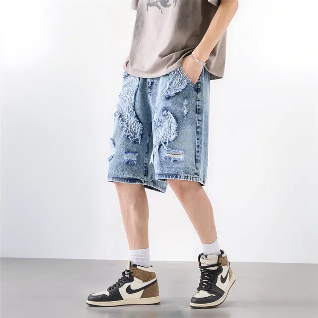 法文箱子 美式高街重工中腰绣花拼接时尚洋气直筒五分裤牛仔短裤 男款