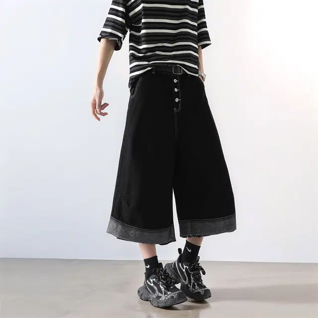 法文箱子 美式高街黑色工装七分直筒宽松阔腿百搭裤子牛仔短裤 男款