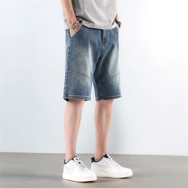 法文箱子 休闲复古拼接宽松潮流痞帅五分裤薄款中裤子牛仔短裤 男款