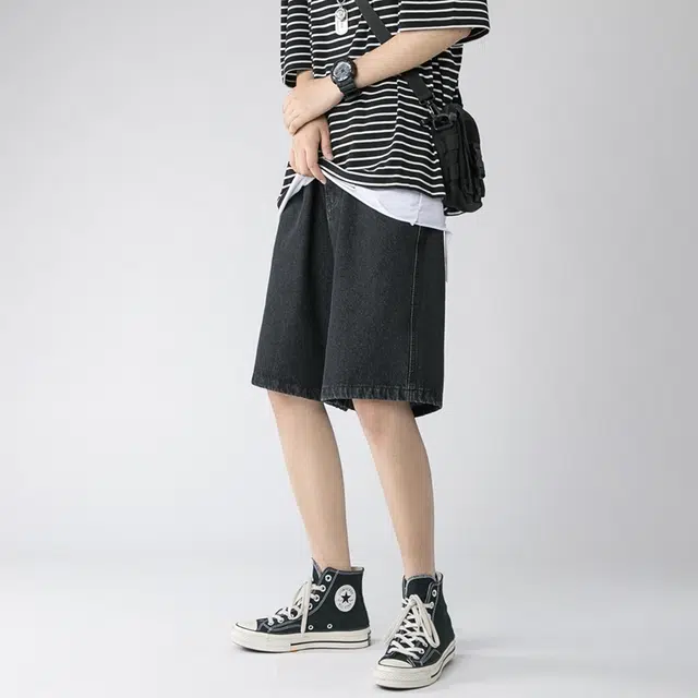 法文箱子 美式复古水洗薄款宽松直筒阔腿裤高街潮牌五分裤牛仔短裤 男款