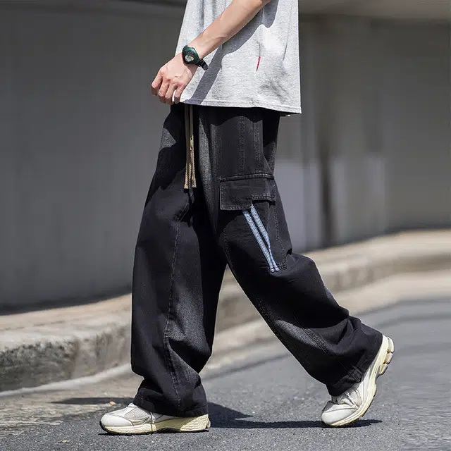 法文箱子 美式水洗渐变直筒宽松大码通用牛仔裤 男款