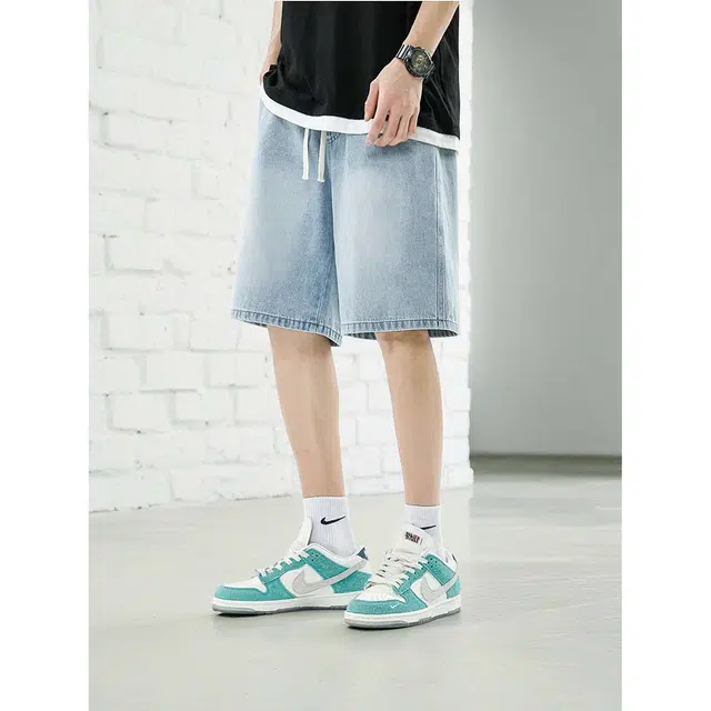 法文箱子 薄款宽松休闲潮牌运动五分牛仔短裤 男款