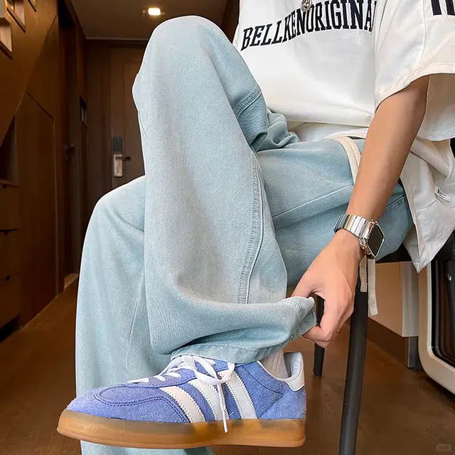 法文箱子 夏季百搭直筒宽松坠感阔腿拖地休闲长裤牛仔裤 男款