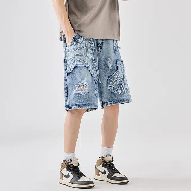 法文箱子 美式高街显瘦小众设计磨烂时尚洋气直筒五分裤牛仔短裤 男款