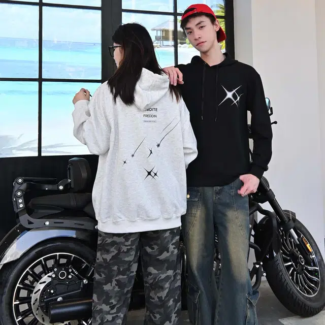 法文箱子 美式高街重磅连帽潮流时尚银河系星空流星基础色简约经典秋冬季宽松印花套头外套帽衫休闲运动男女同款卫衣 男款 情侣装