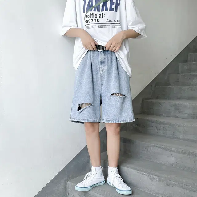 法文箱子 小众设计美式高街男士夏季薄款外穿破洞五分裤男宽松痞帅潮流百搭牛仔短裤 男款