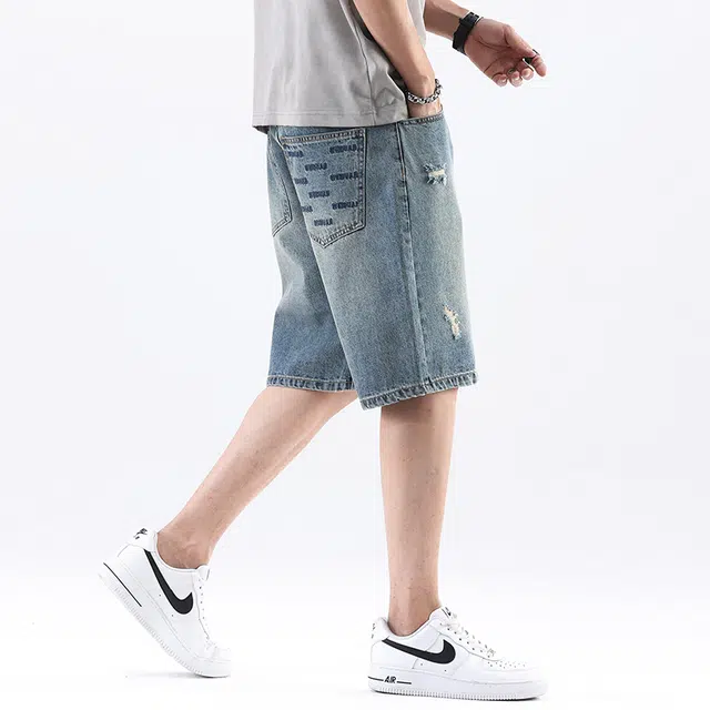 法文箱子 美式复古痞帅破洞宽松街头大码中裤夏季款五分裤子牛仔短裤 男款