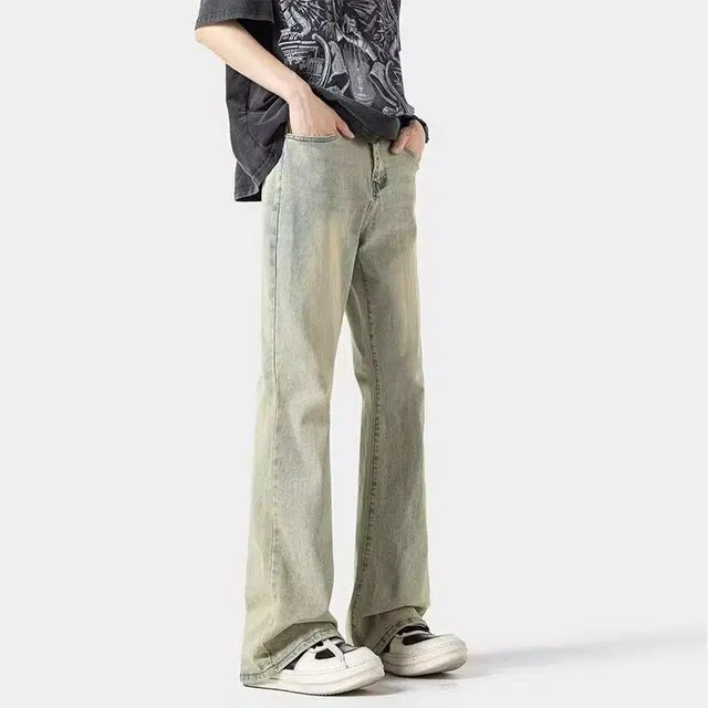 法文箱子 美式高街夏季时尚复古喇叭裤男高街潮流微喇修身长裤酷帅百搭水洗柔软舒适透气亲肤废土风中腰显高显瘦垂感窄版微喇牛仔裤 男款