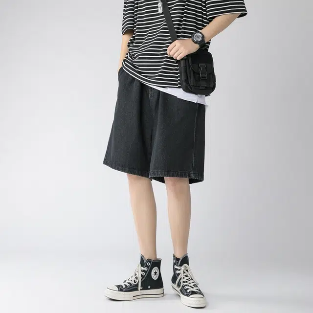 法文箱子 美式复古水洗薄款宽松直筒阔腿裤高街潮牌五分裤牛仔短裤 男款