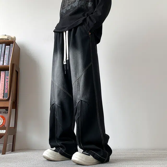 法文箱子 潮牌痞帅大码装休闲长裤宽松阔腿直筒裤子通用牛仔裤 男款