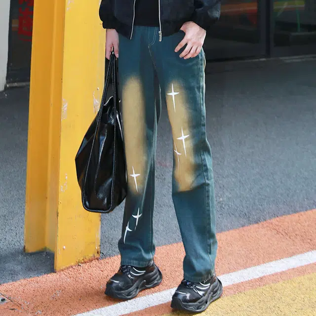 法文箱子 美式潮牌高街基础款复古潮流百搭重工做旧水洗显高显瘦休闲宽松垂坠感直筒阔腿胖子大码牛仔裤 男女同款