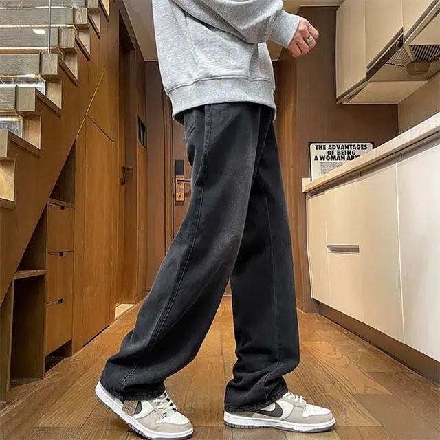 法文箱子 秋冬港风高街大码宽松直筒休闲潮流百搭牛仔裤 男款