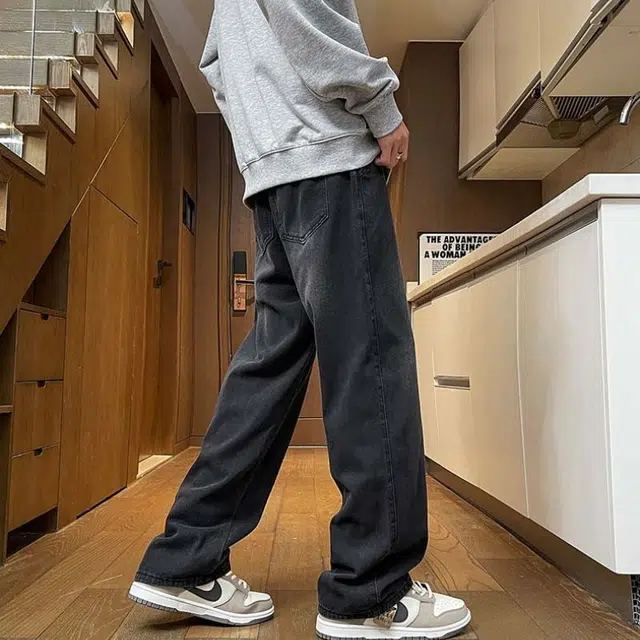 法文箱子 秋冬港风高街大码宽松直筒休闲潮流百搭牛仔裤 男款