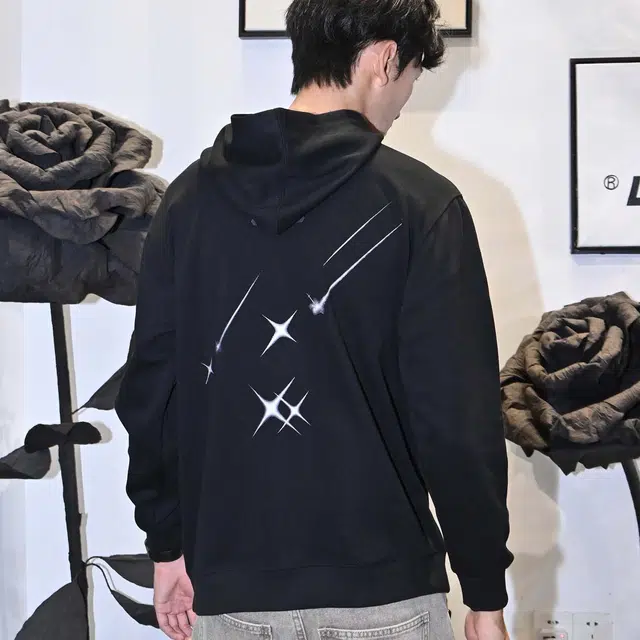 法文箱子 美式高街重磅连帽潮流时尚银河系星空流星基础色简约经典秋冬季宽松印花套头外套帽衫休闲运动男女同款卫衣 男款 情侣装