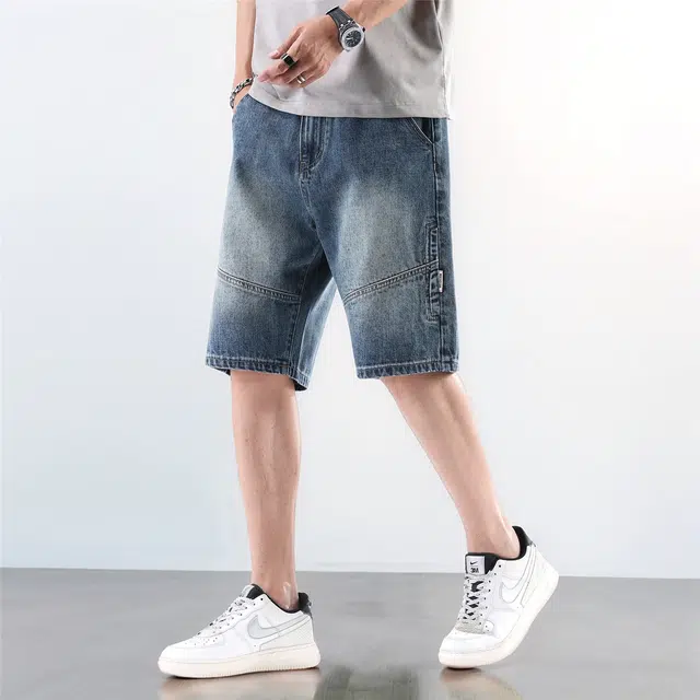 法文箱子 休闲复古拼接宽松潮流痞帅五分裤薄款中裤子牛仔短裤 男款