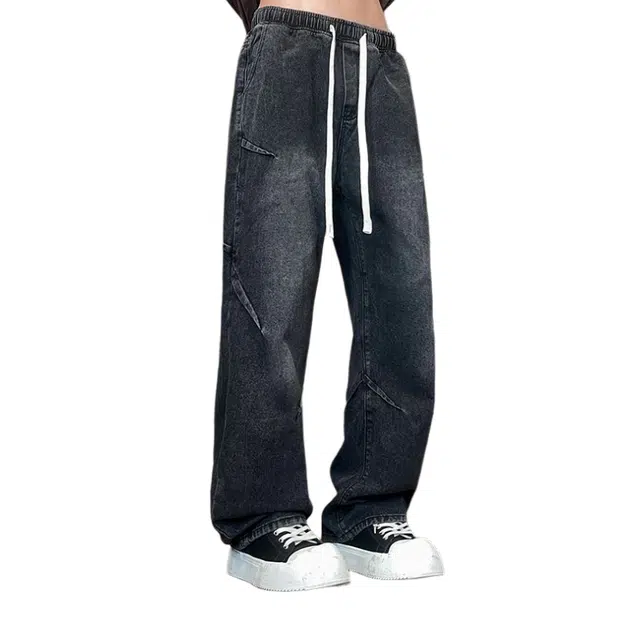 法文箱子 秋冬美式高街大码宽松直筒休闲潮流百搭打折抽绳牛仔裤 男款