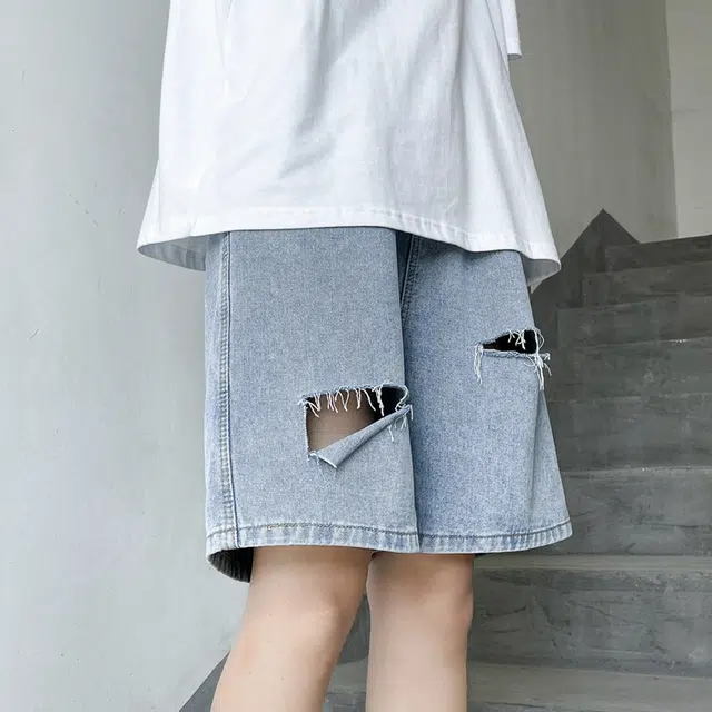 法文箱子 小众设计美式高街男士夏季薄款外穿破洞五分裤男宽松痞帅潮流百搭牛仔短裤 男款