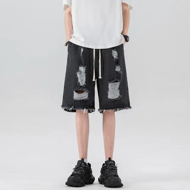 法文箱子 美式高街夏季薄款宽松大码松紧腰破洞潮牌夏中裤五分裤子牛仔短裤 男款