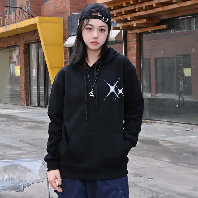 法文箱子 美式高街重磅连帽潮流时尚银河系星空流星基础色简约经典秋冬季宽松印花套头外套帽衫休闲运动男女同款卫衣 男款 情侣装