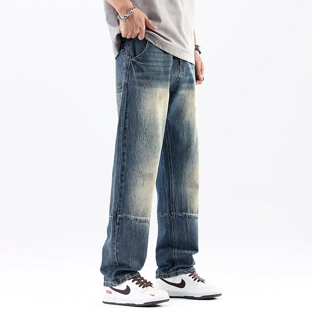 法文箱子 复古潮牌春夏美式高街宽松直筒裤子工装休闲长裤牛仔裤 男款