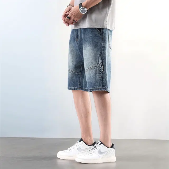 法文箱子 休闲复古拼接宽松潮流痞帅五分裤薄款中裤子牛仔短裤 男款