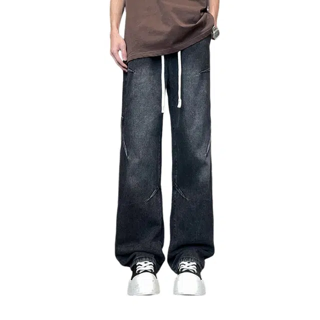 法文箱子 秋冬美式高街大码宽松直筒休闲潮流百搭打折抽绳牛仔裤 男款