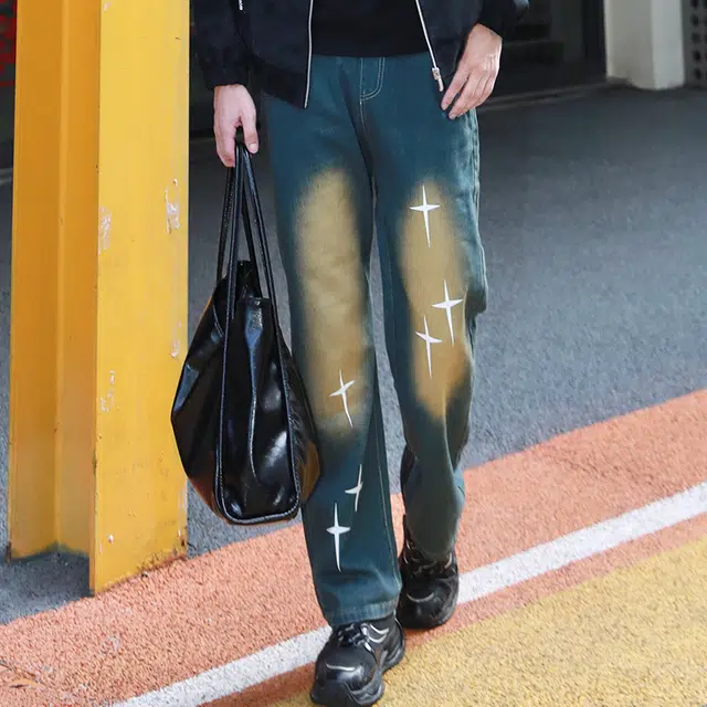 法文箱子 美式潮牌高街基础款复古潮流百搭重工做旧水洗显高显瘦休闲宽松垂坠感直筒阔腿胖子大码牛仔裤 男女同款