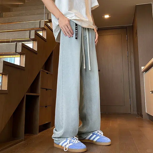 法文箱子 夏季百搭直筒宽松坠感阔腿拖地休闲长裤牛仔裤 男款