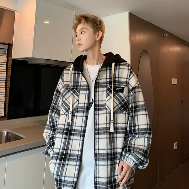 法文箱子 秋季港风潮男时尚舒服简约无性别白底大码刺绣长袖连帽外套衬衫 男女同款