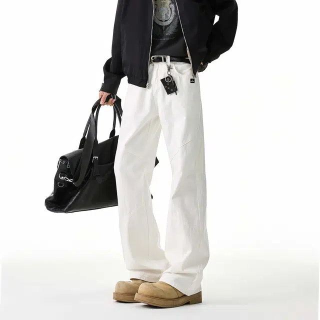 法文箱子 春秋美式高街拼接设计感牛仔裤宽松显瘦百搭休闲直筒裤 男款