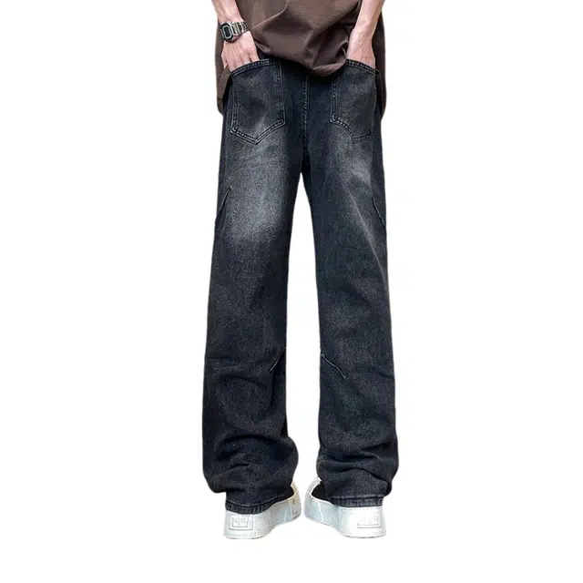 法文箱子 秋冬美式高街大码宽松直筒休闲潮流百搭打折抽绳牛仔裤 男款