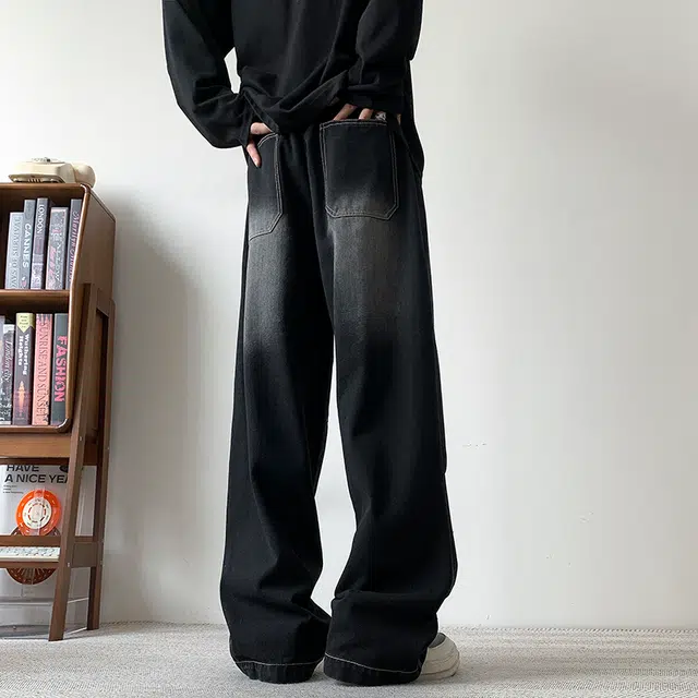 法文箱子 潮牌痞帅大码装休闲长裤宽松阔腿直筒裤子通用牛仔裤 男款