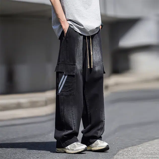 法文箱子 美式水洗渐变直筒宽松大码通用牛仔裤 男款