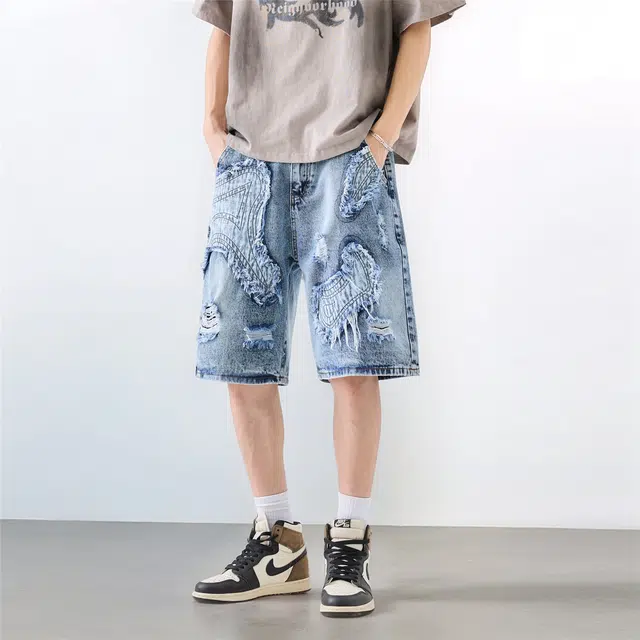 法文箱子 美式高街重工中腰绣花拼接时尚洋气直筒五分裤牛仔短裤 男款