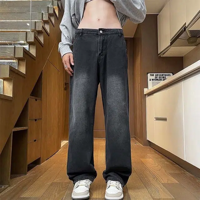 法文箱子 秋冬港风高街大码宽松直筒休闲潮流百搭牛仔裤 男款