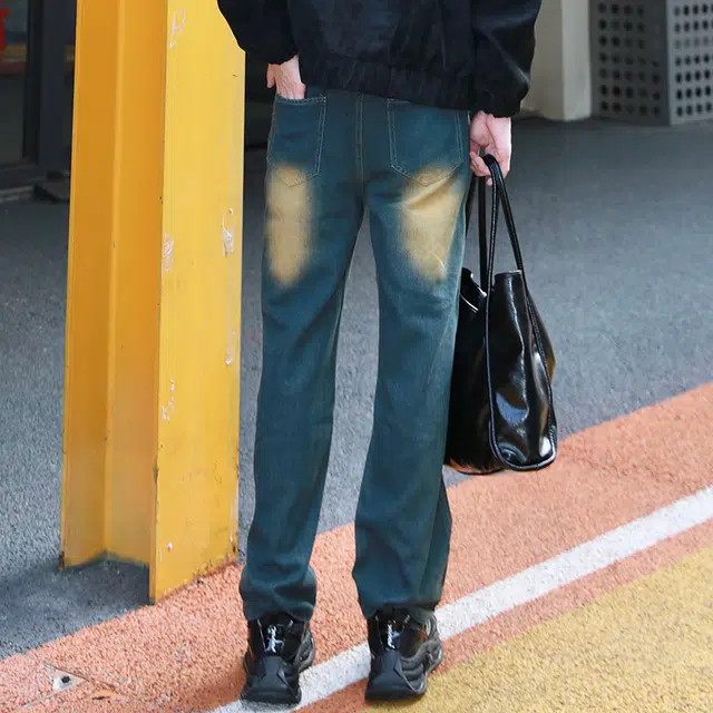 法文箱子 美式潮牌高街基础款复古潮流百搭重工做旧水洗显高显瘦休闲宽松垂坠感直筒阔腿胖子大码牛仔裤 男女同款