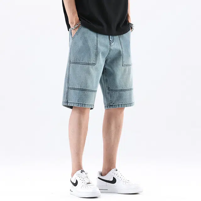 法文箱子 美式高街潮牌外穿日系宽松五分裤子休闲中裤牛仔短裤 男款