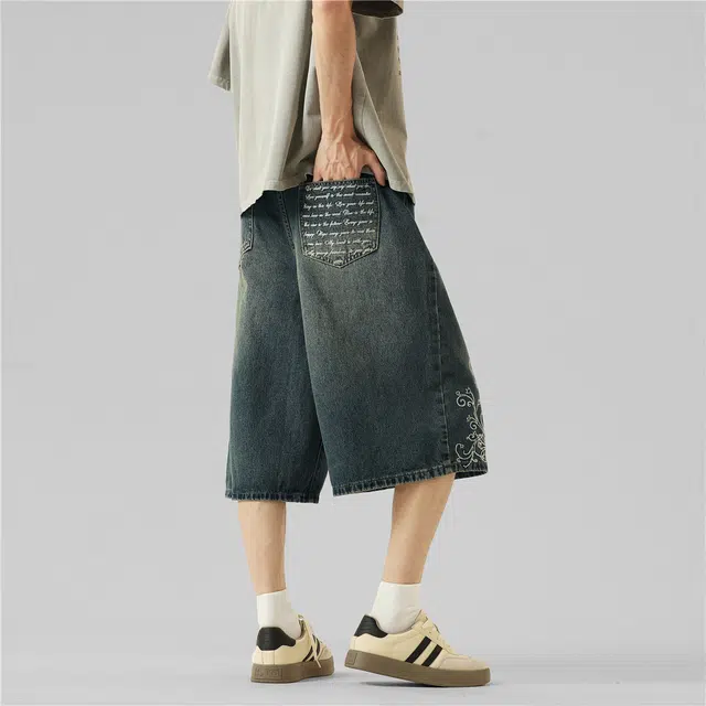 法文箱子 美式复古高街重工绣花宽松阔腿七分牛仔短裤 男款