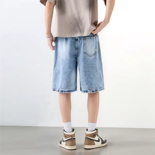 法文箱子 美式高街重工中腰绣花拼接时尚洋气直筒五分裤牛仔短裤 男款