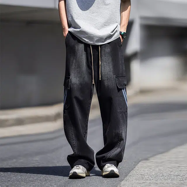 法文箱子 美式水洗渐变直筒宽松大码通用牛仔裤 男款