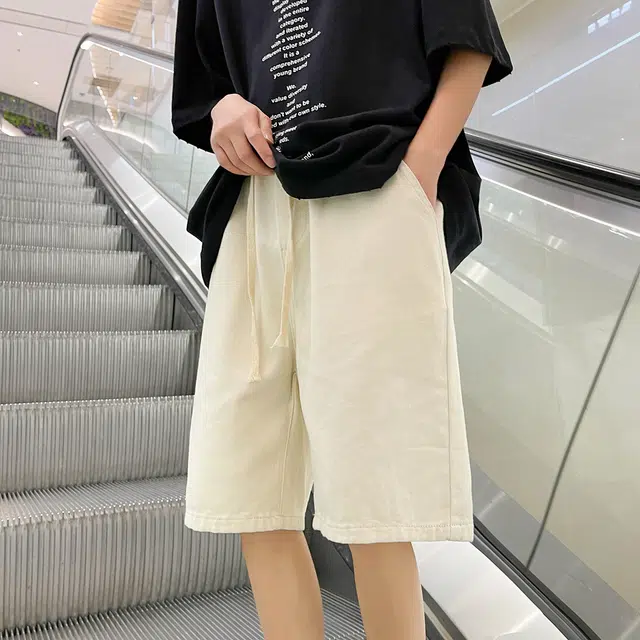 法文箱子 潮牌五分裤宽松美式复古高街基础款牛仔短裤 男款