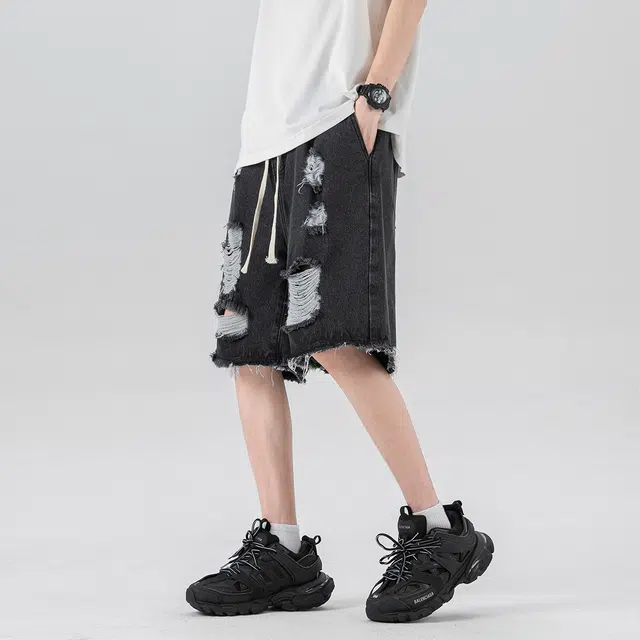 法文箱子 美式高街夏季薄款宽松大码松紧腰破洞潮牌夏中裤五分裤子牛仔短裤 男款