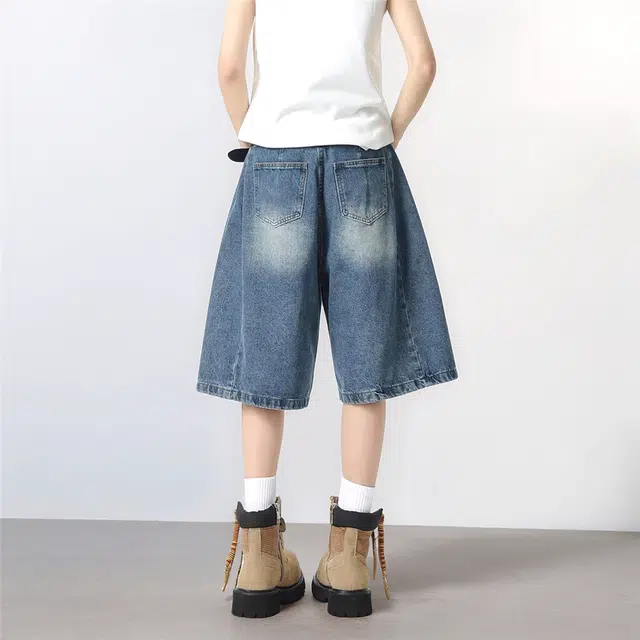 法文箱子 美式高街复古水洗做旧牛仔中裤男女夏季款设计感弯刀阔腿休闲短裤 男款