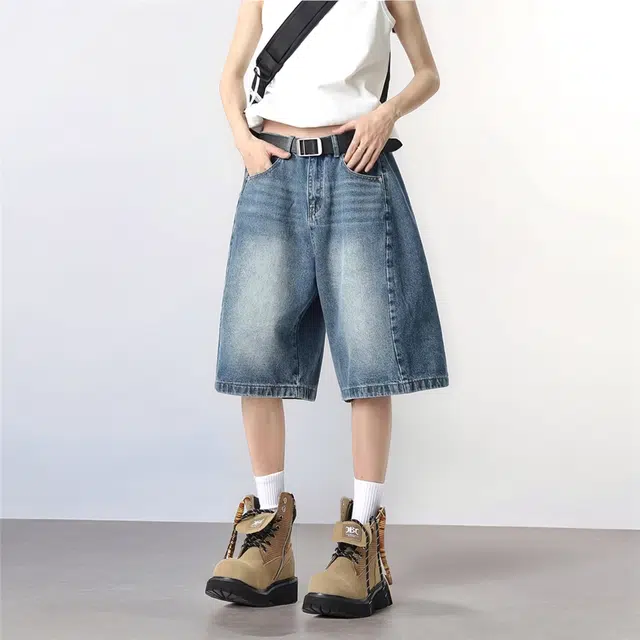 法文箱子 美式高街复古水洗做旧牛仔中裤男女夏季款设计感弯刀阔腿休闲短裤 男款