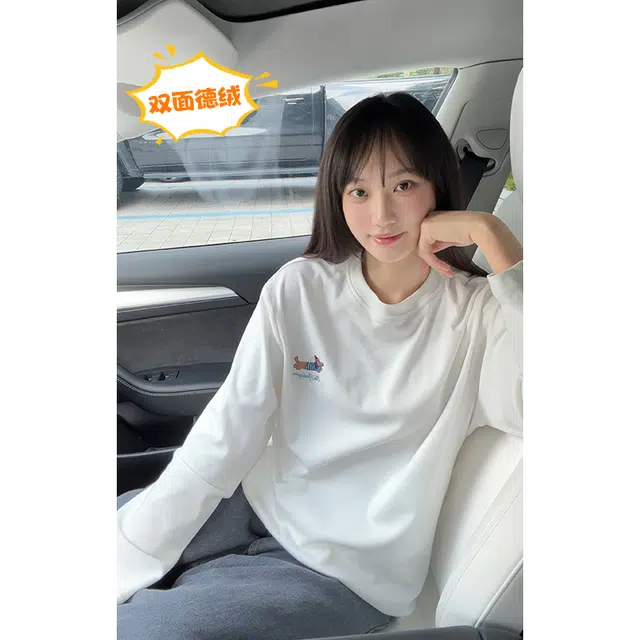 尘映 美式复古高街腊肠狗刺绣简约基础款早秋圆领宽松休闲打底衫户外潮牌百搭青少年学院风套头插肩长袖卫衣 男女同款