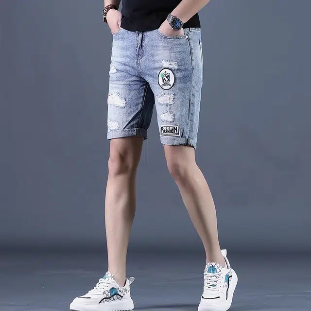 尘映 夏季薄款破洞五分马裤韩版潮弹力中裤子高端牛仔短裤 男女同款