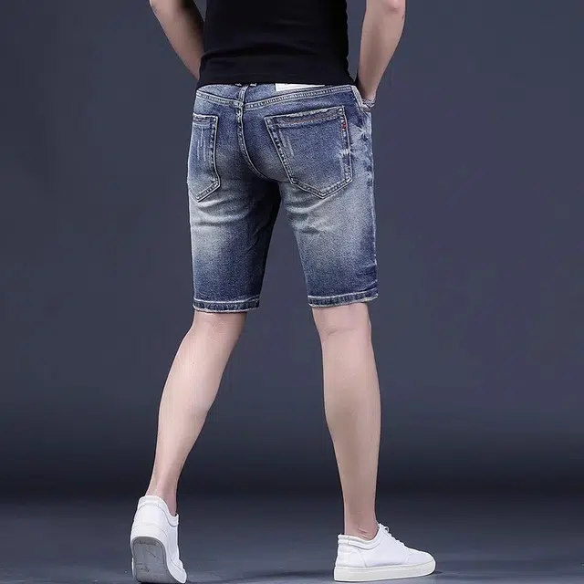 尘映 美式高端夏季男士修身潮流五分裤弹力破洞薄款中裤休闲直筒马裤男牛仔短裤 男款