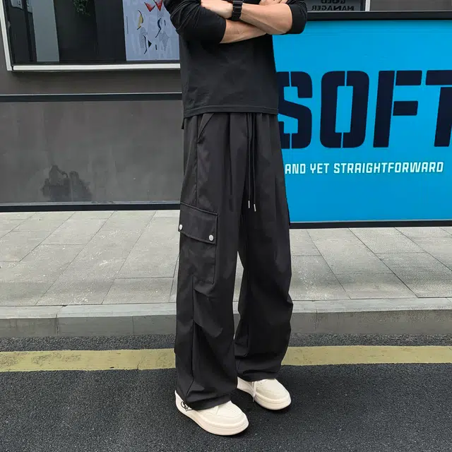 尘映 美式高街痞帅早秋常规防水伞兵裤校园穿搭直筒阔腿裤男宽松拖地裤无性别亲肤学院百搭通勤运动裤子休闲裤 男女同款