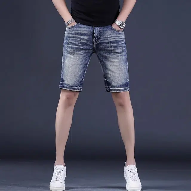 尘映 美式高端夏季男士修身潮流五分裤弹力破洞薄款中裤休闲直筒马裤男牛仔短裤 男款